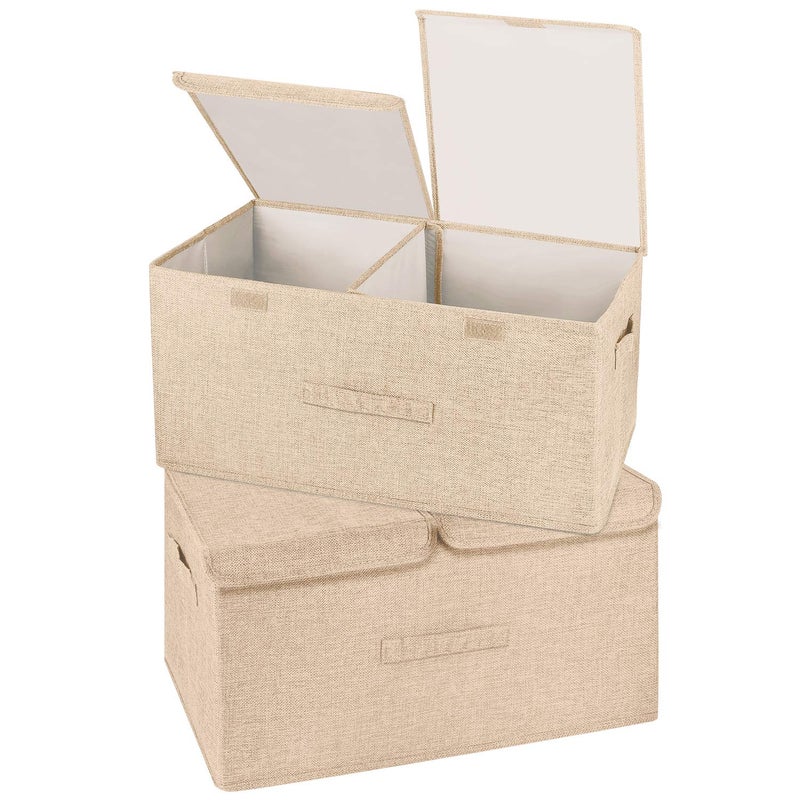 Valease 2 Pack Large Storage Boxes with Lids and Handles, Collapsible Linen Storage Bins Organizer Containers Baskets Cube with Removable Divider for Home Bedroom Closet Office (Khaki, Large) - Image 1